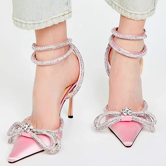 MACH & MACH Double Bow crystal-embellished leather and PVC mules